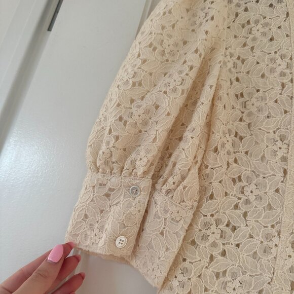 Veronica Beard Lace Mini Shirt Dress Sz 4 In Stone Khaki Button Down Puff Sleeve - Picture 10 of 10
